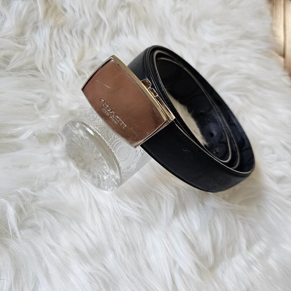 Coach Reversible Belt | Size 34–38 Black Leather + Signature Logo Print w/ Silve